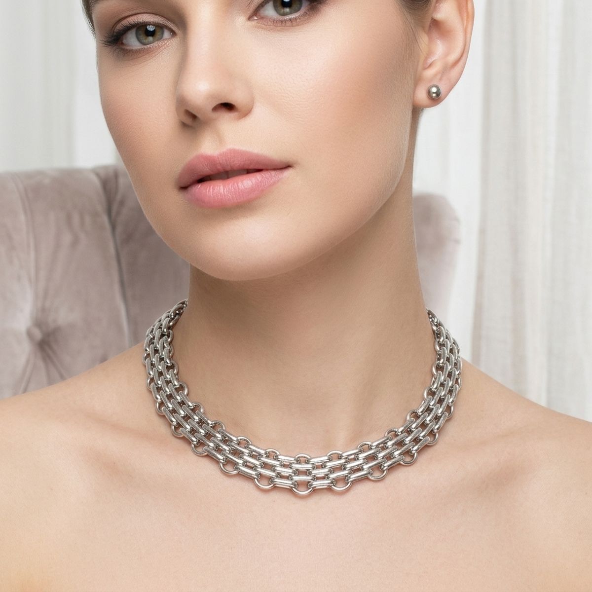 Silver Panther Link Style Chain Necklace Set