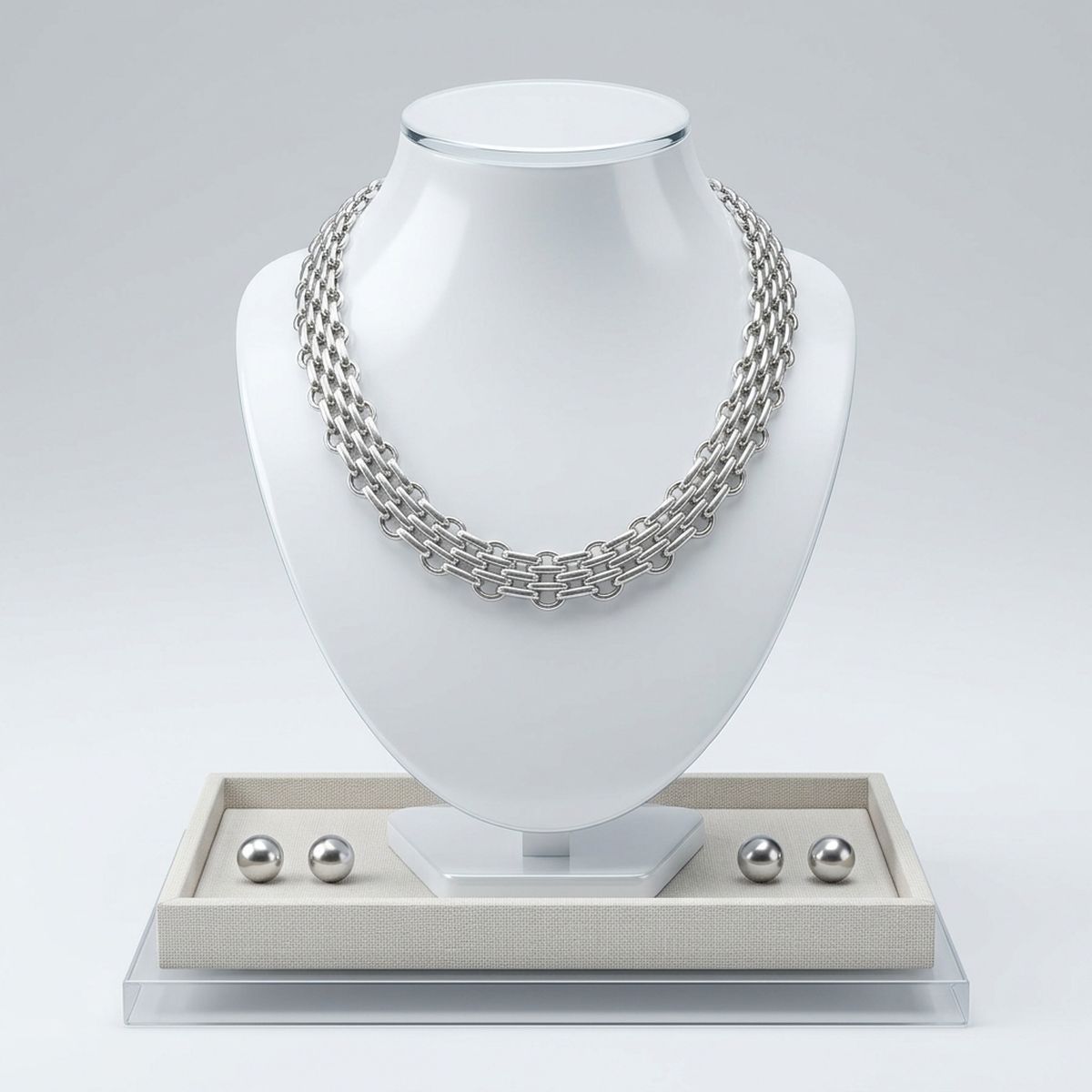 Silver Panther Link Style Chain Necklace Set