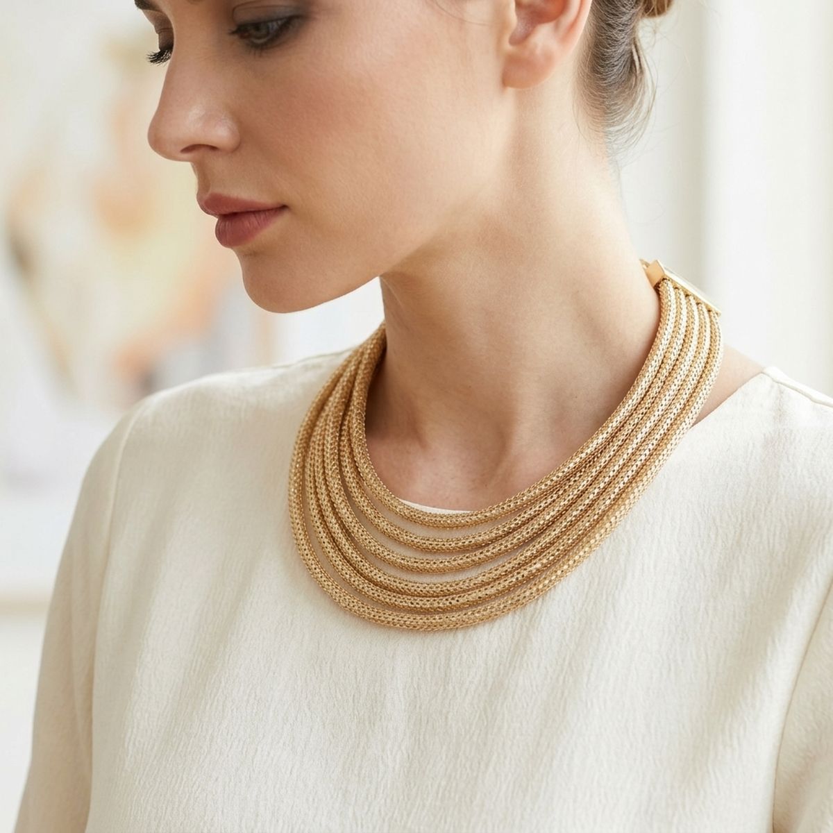Gold Mesh 5 Strand Snake Chain Magnetic Necklace
