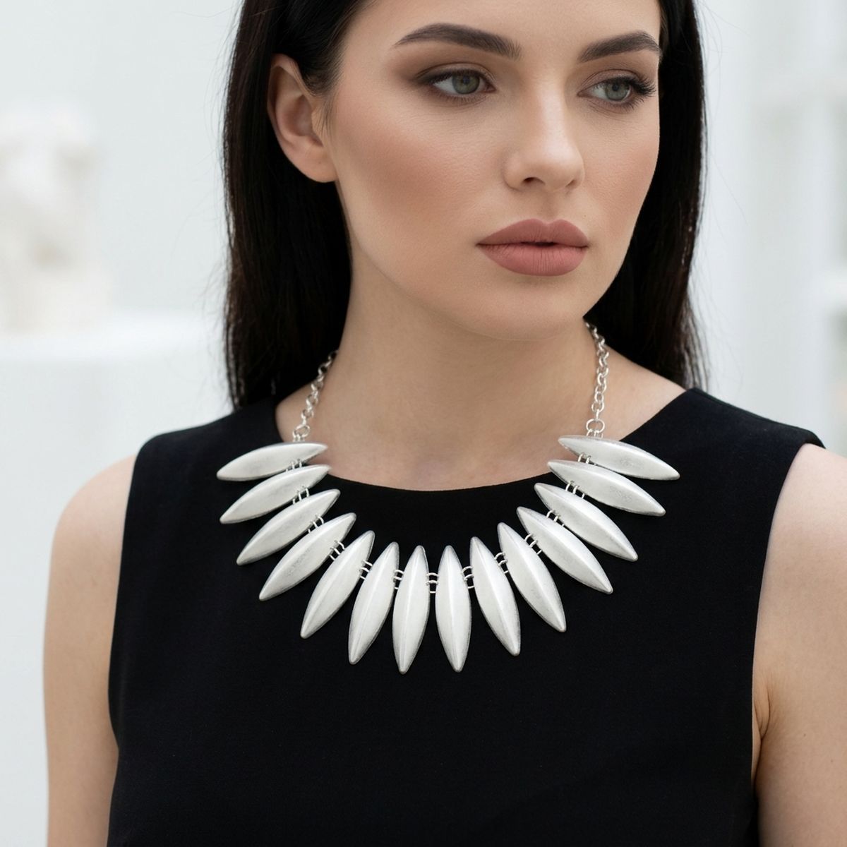 Egyptian Collar Matte Silver Fanned Necklace