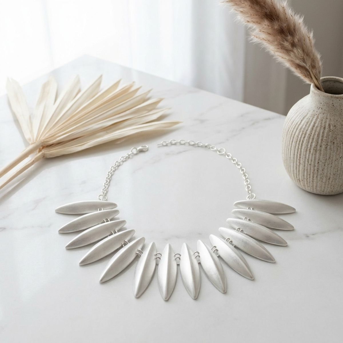 Egyptian Collar Matte Silver Fanned Necklace