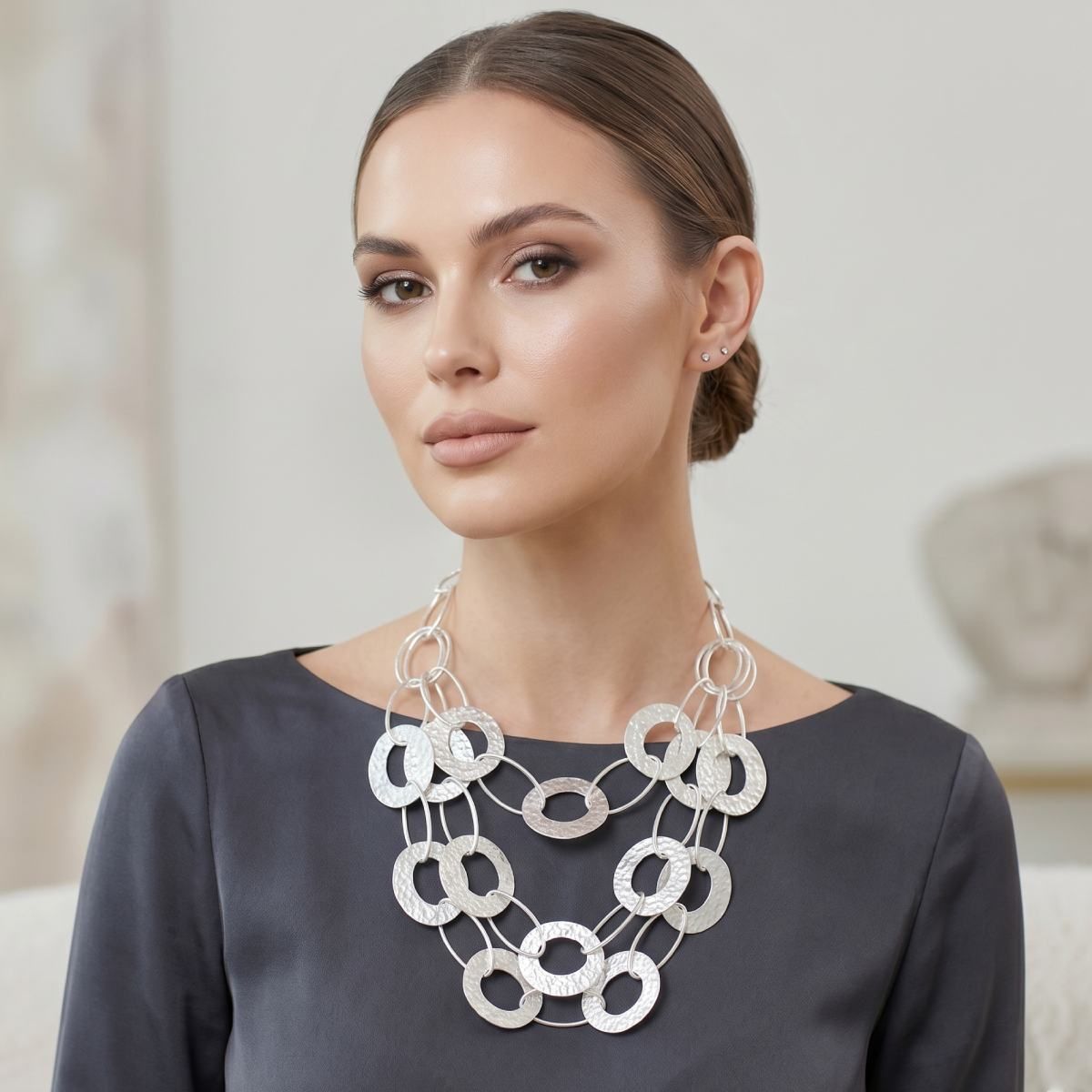 Bib Matte Silver Multi Link Layer Chains Necklace