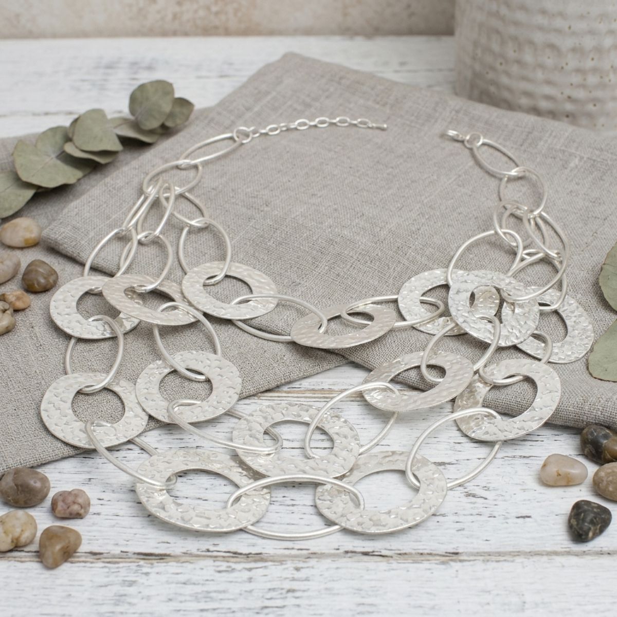 Bib Matte Silver Multi Link Layer Chains Necklace