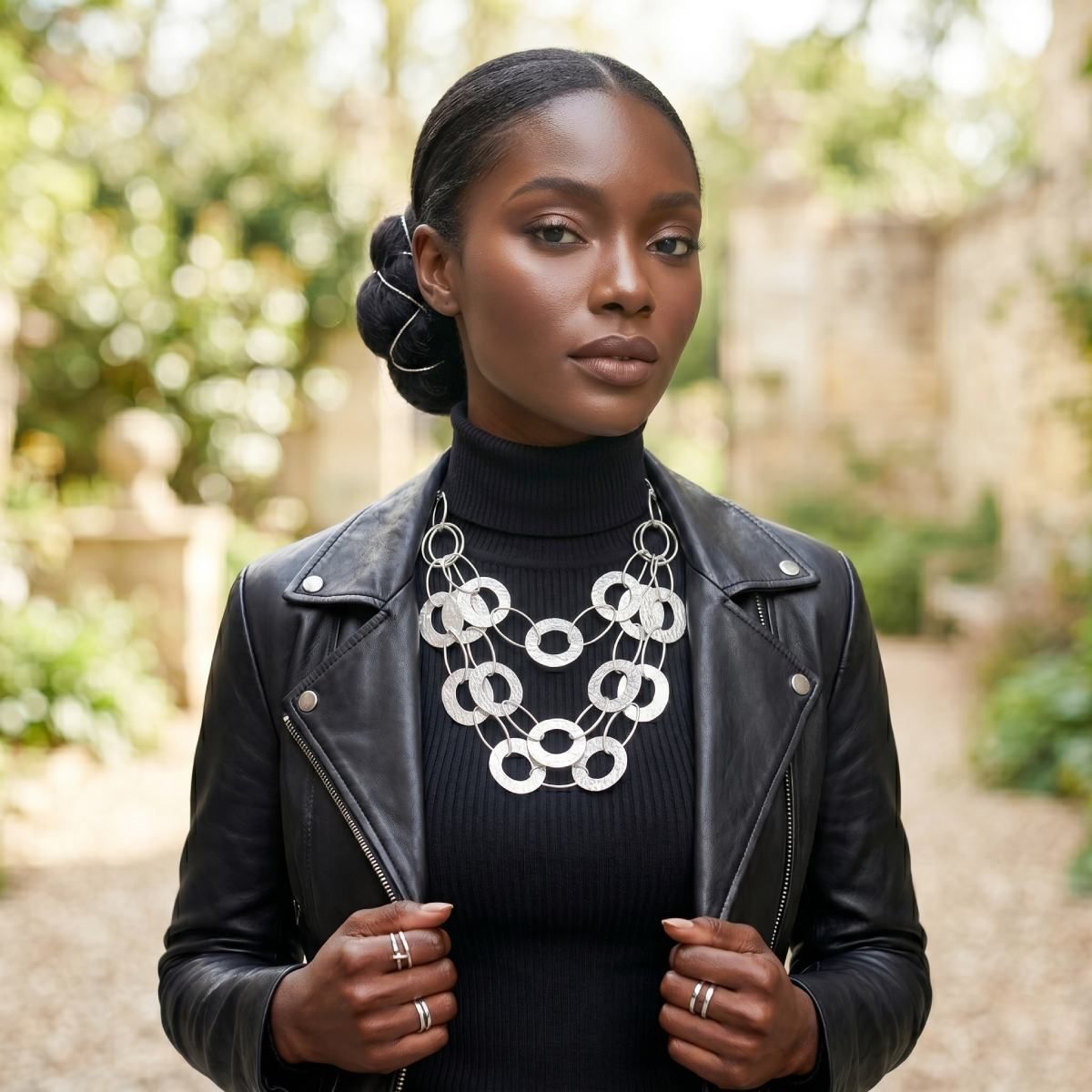Bib Matte Silver Multi Link Layer Chains Necklace