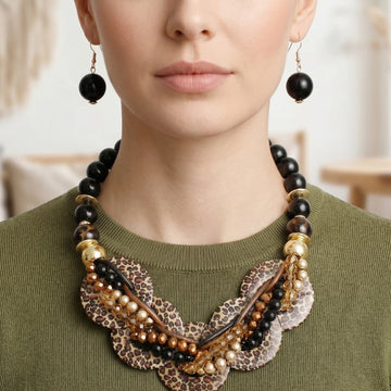 Leopard Print Disc Black Beaded Collar Necklace