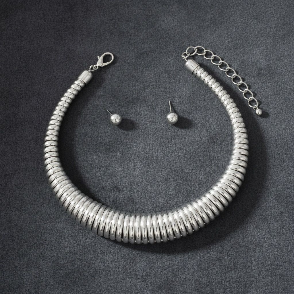 Choker Thick Coiled Silver Metal Spring Necklace