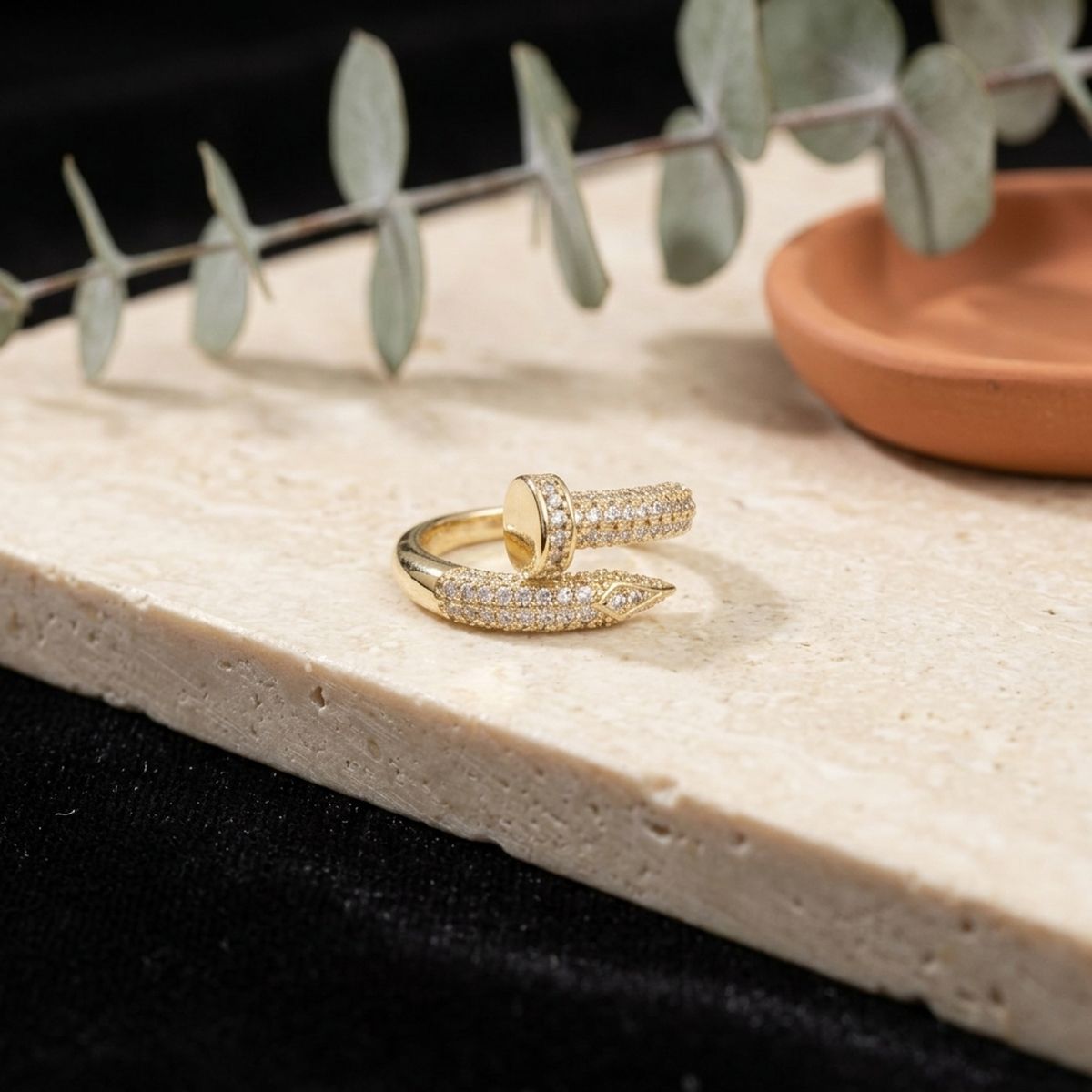 Ring Gold Brass and CZ Wrapped Nail Adjustable