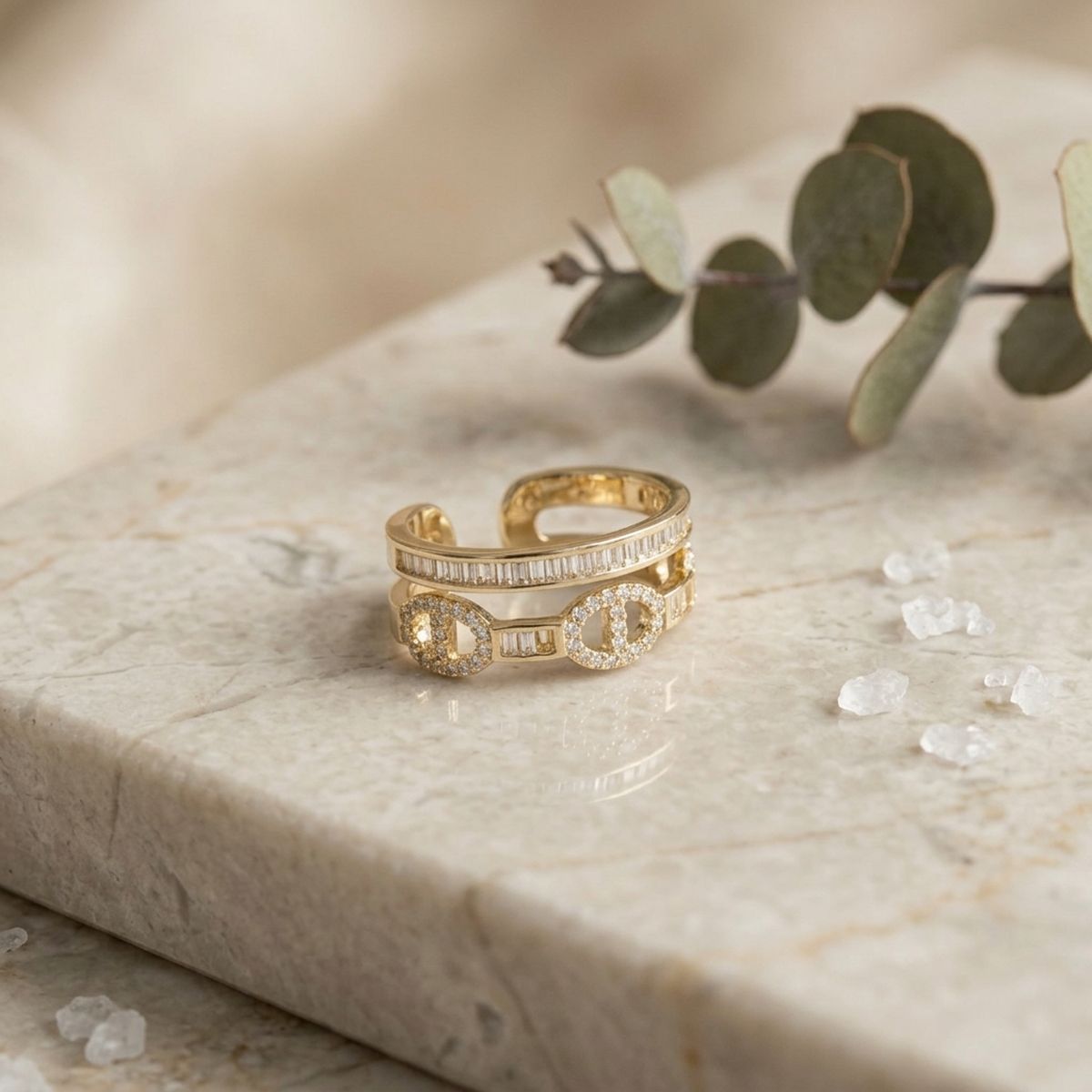 Ring Gold Double Band CZ Anchor Chain Adjustable