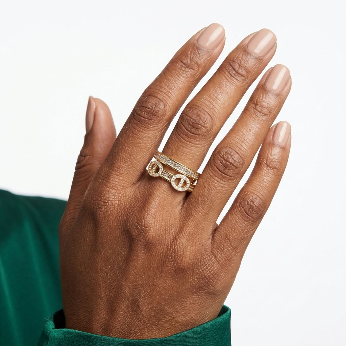 Ring Gold Double Band CZ Anchor Chain Adjustable