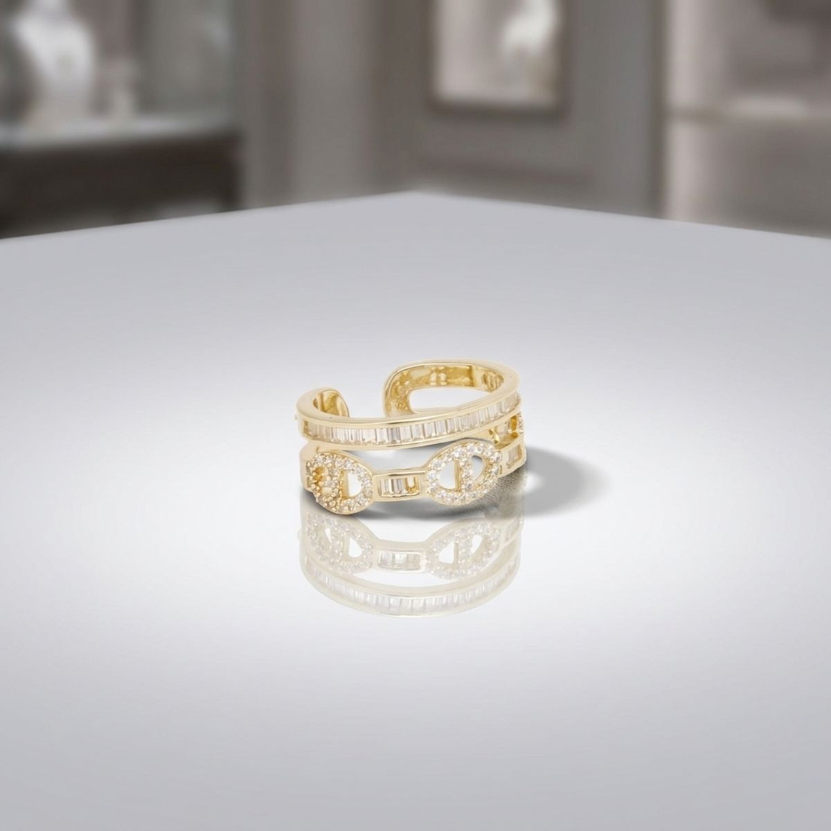 Ring Gold Double Band CZ Anchor Chain Adjustable
