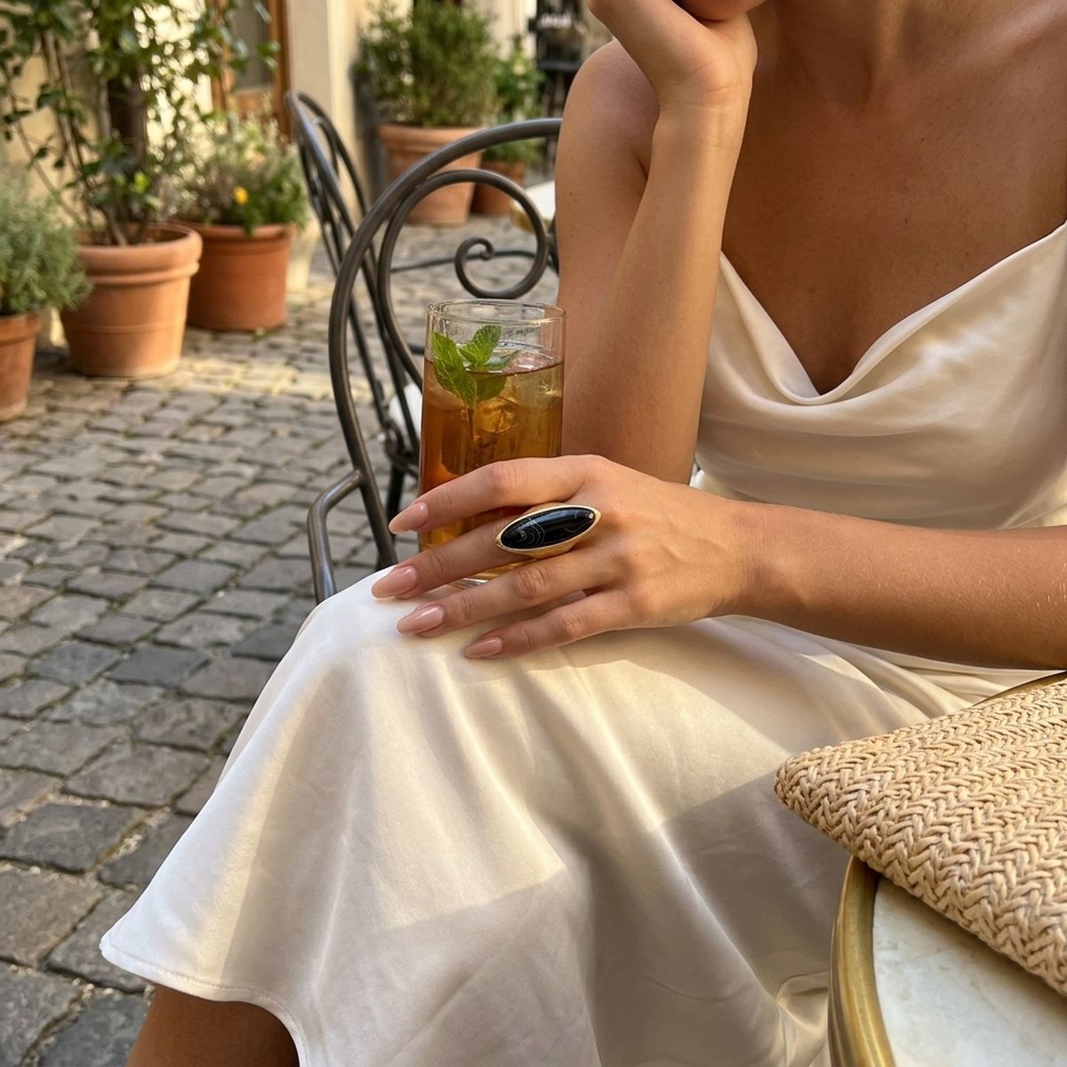 Cocktail Black Elongated Oval Matte Gold Ring