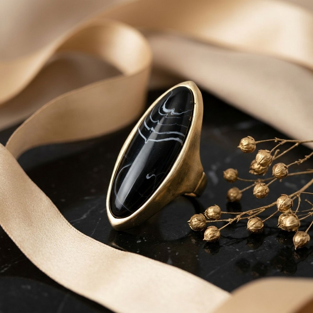 Cocktail Black Elongated Oval Matte Gold Ring