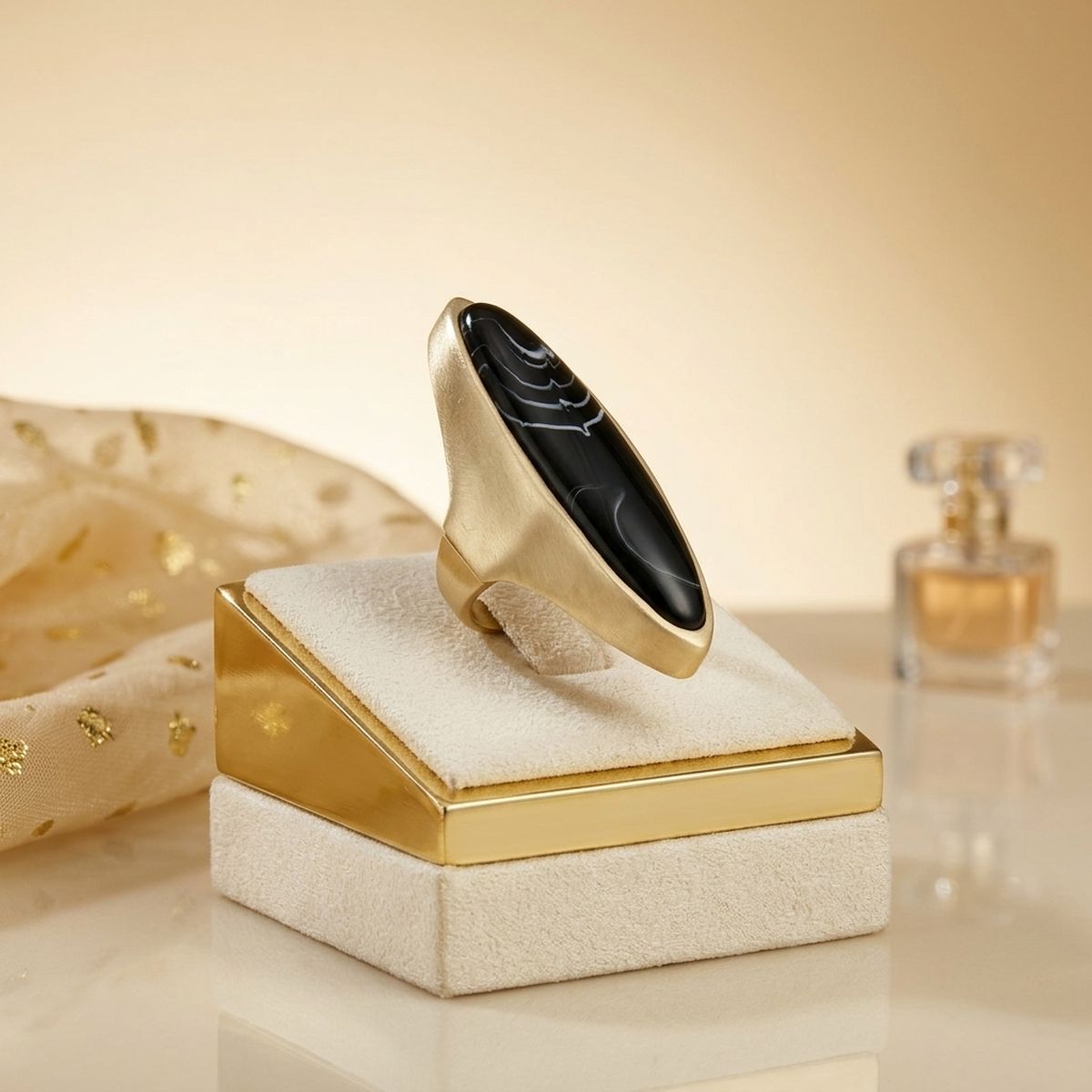 Cocktail Black Elongated Oval Matte Gold Ring