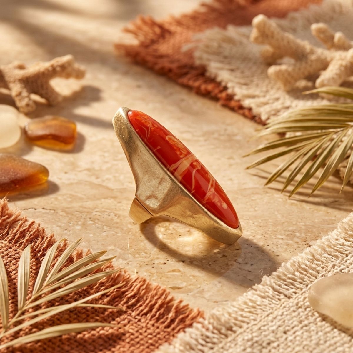 Cocktail Coral Elongated Oval Matte Gold Ring