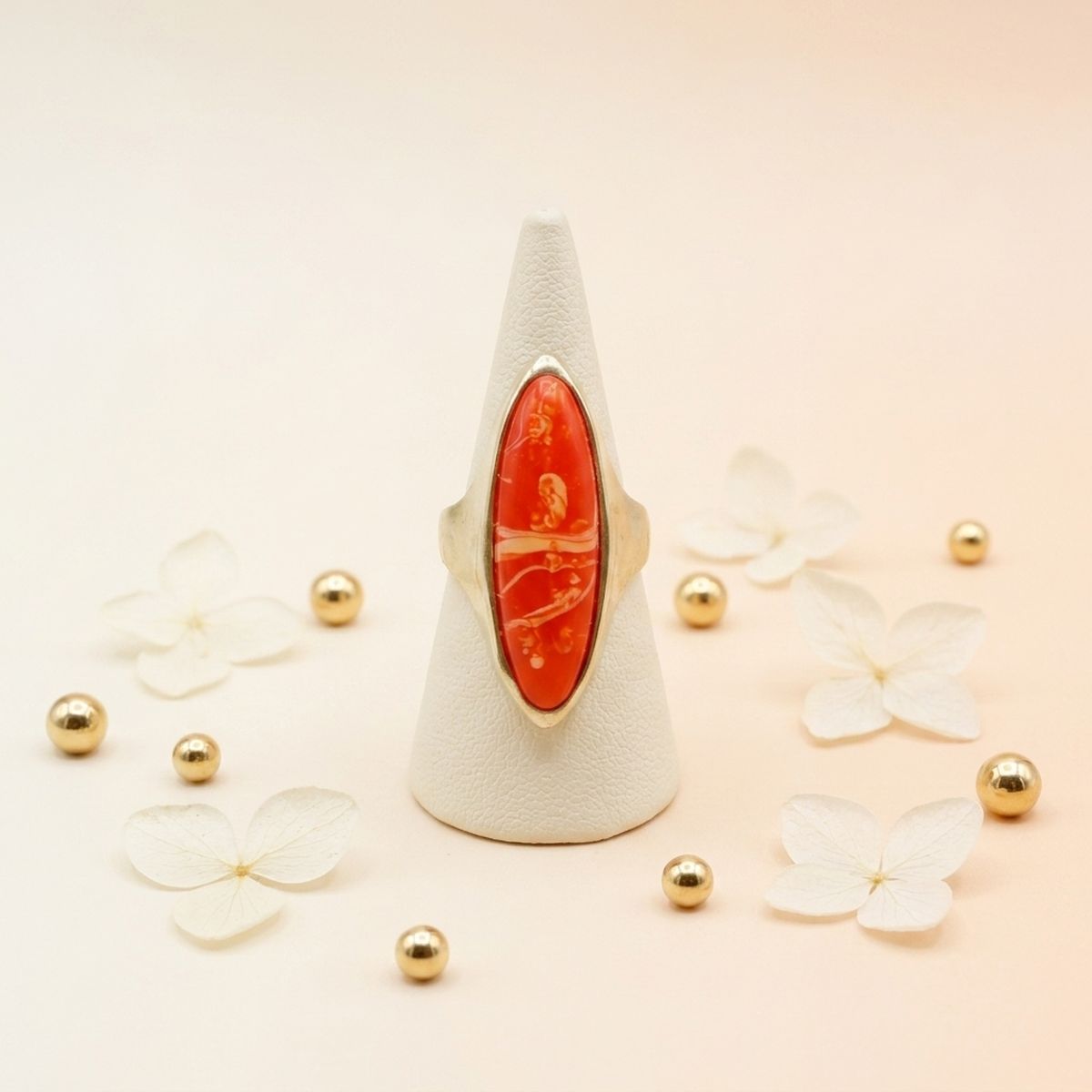 Cocktail Coral Elongated Oval Matte Gold Ring