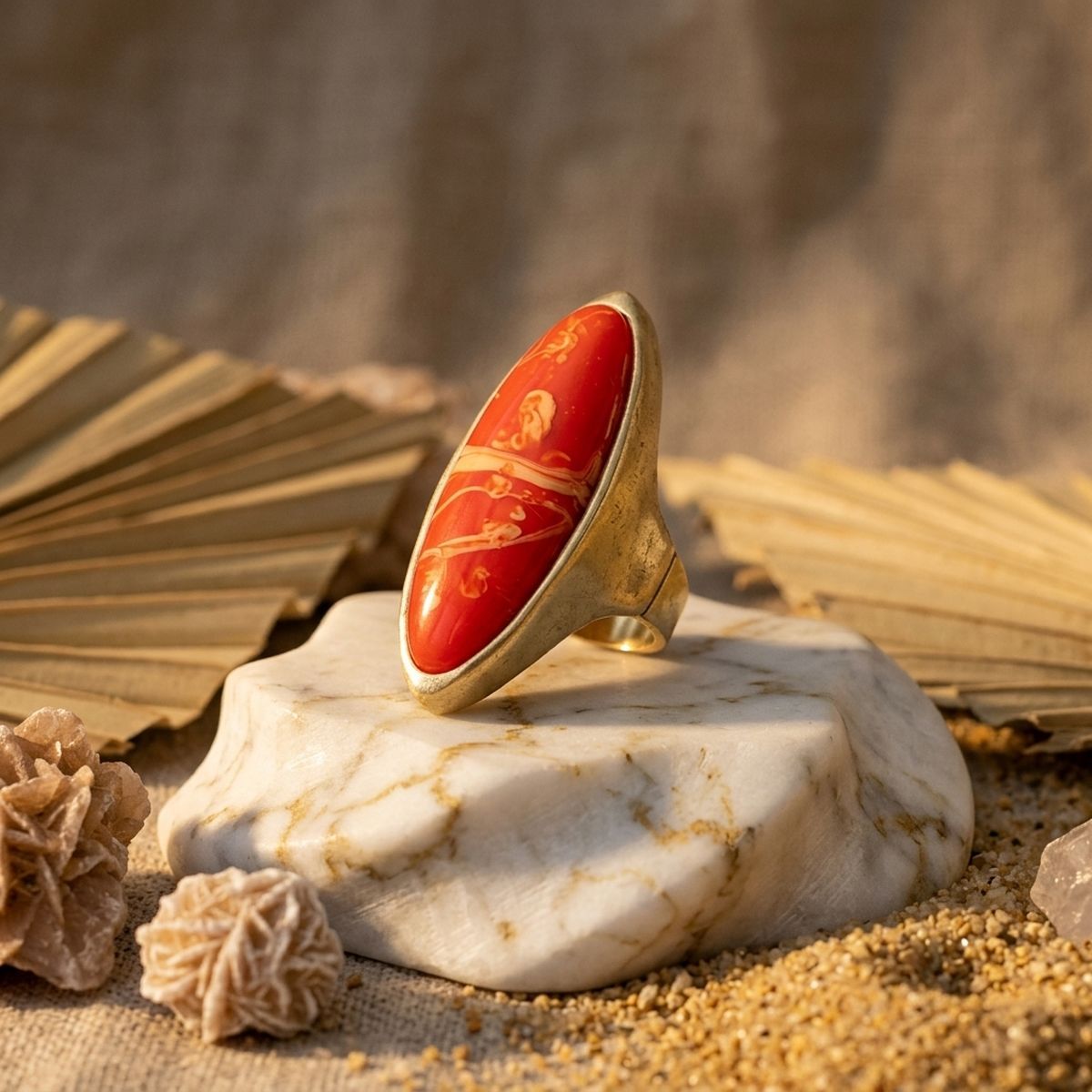 Cocktail Coral Elongated Oval Matte Gold Ring