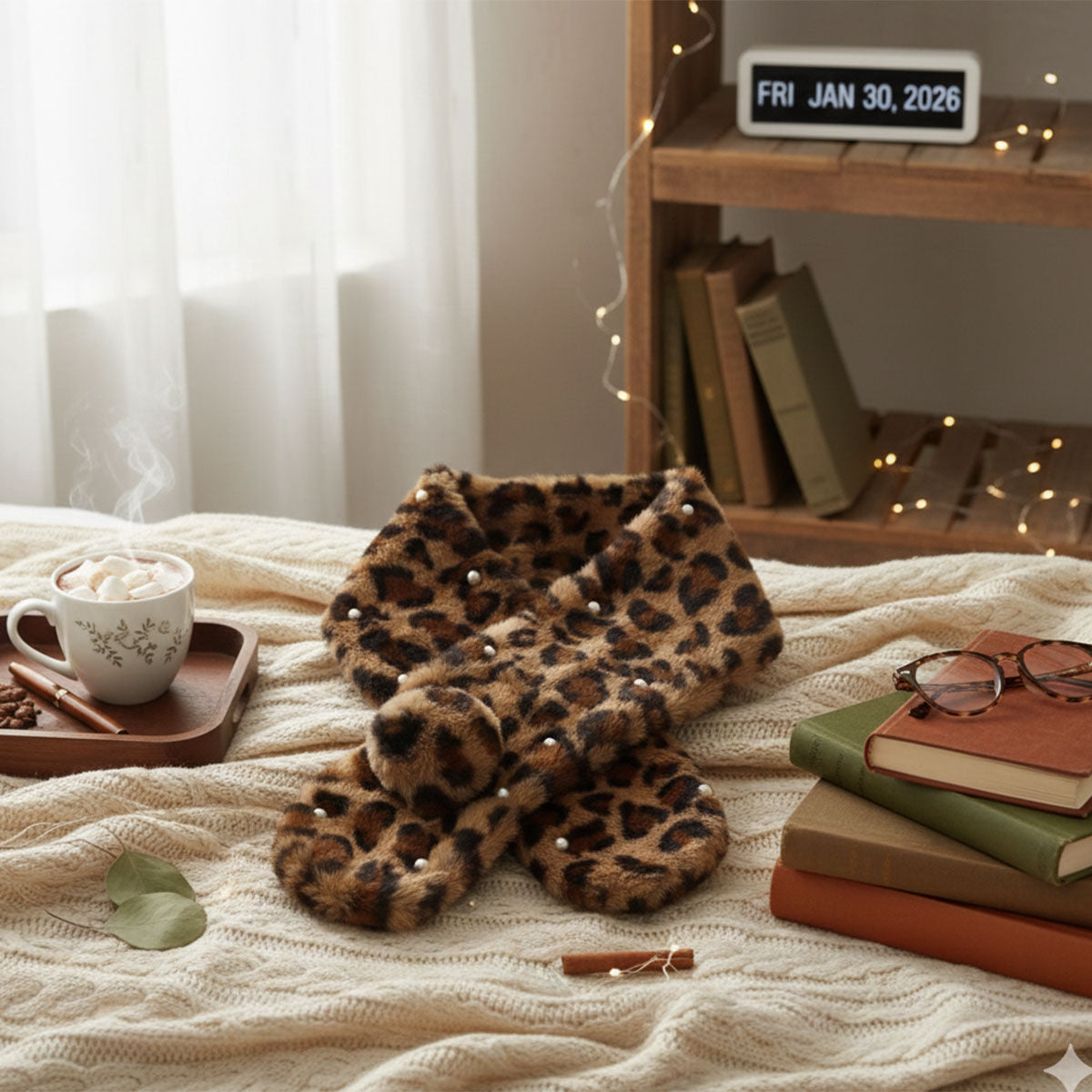 Scarf Luxe Faux Fur Leopard and Pearl Pull Thru