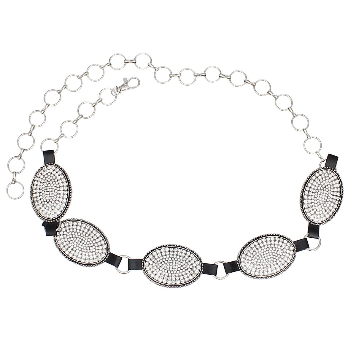 Western Belt Oval Rhinestone Cowboy Silver Chain