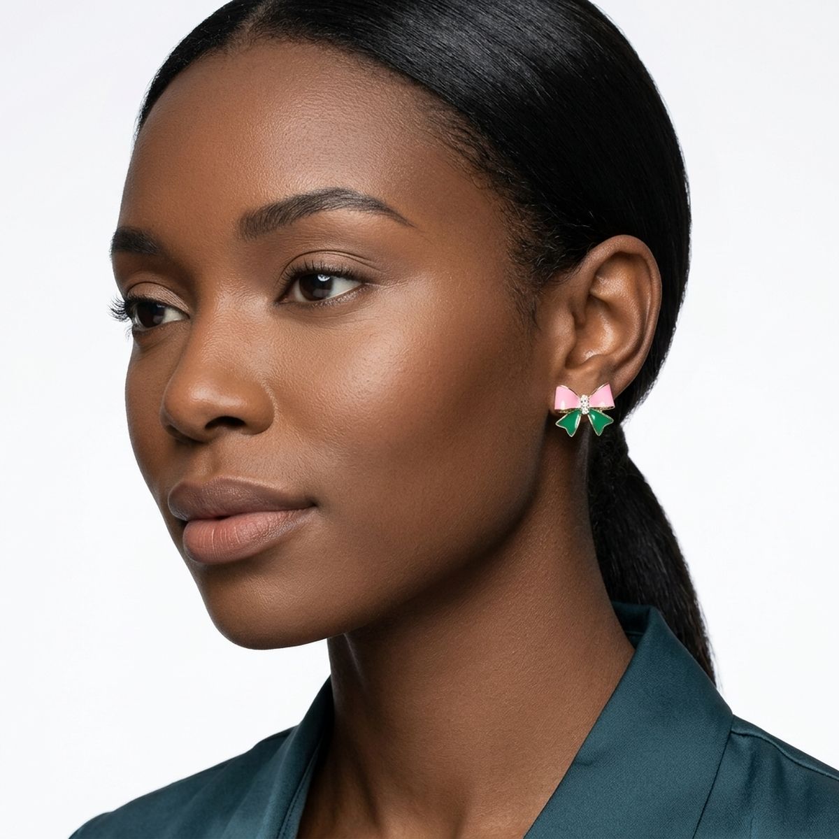 14K Gold Pink Green AKA Bow Bling Stud Earrings