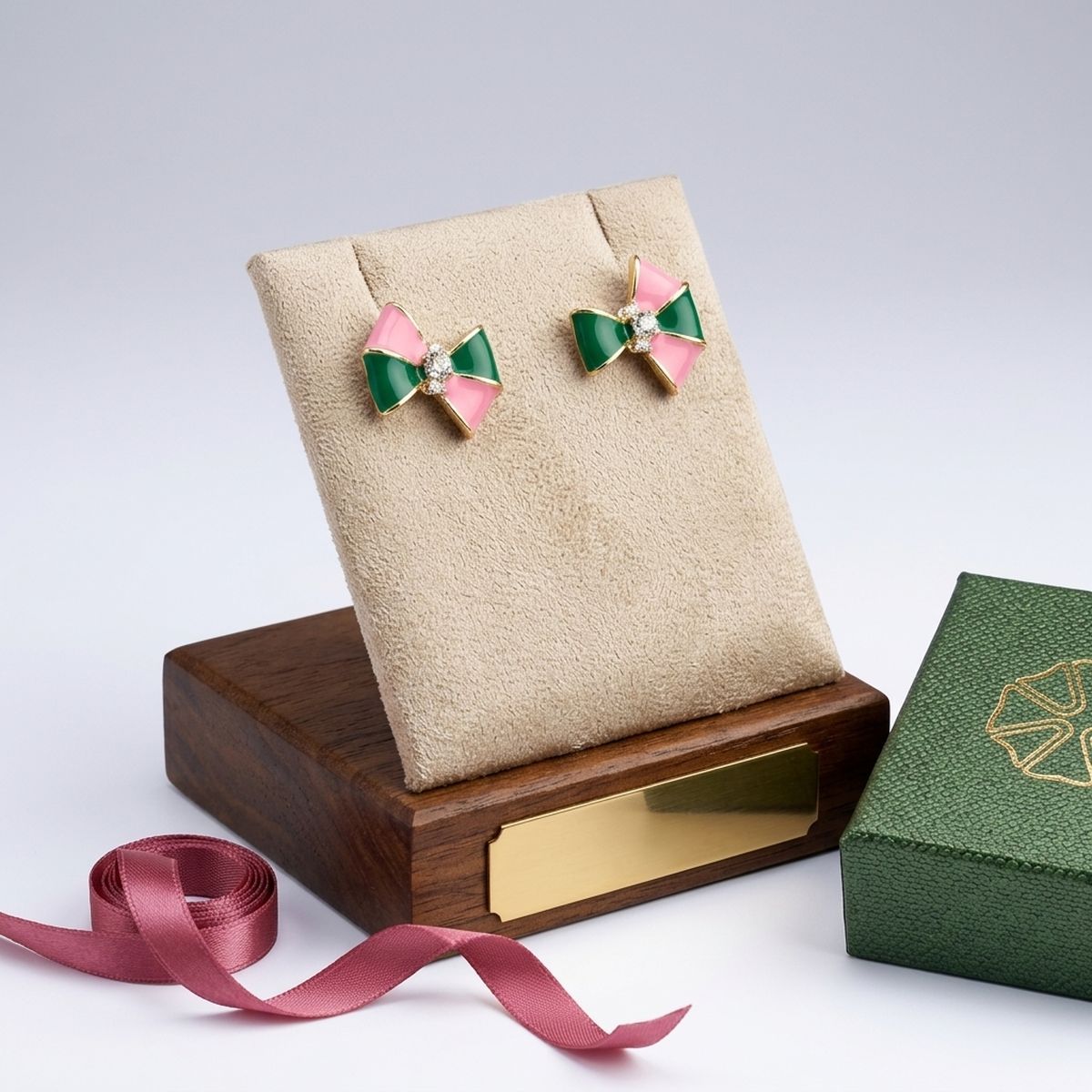 14K Gold Pink Green AKA Bow Bling Stud Earrings