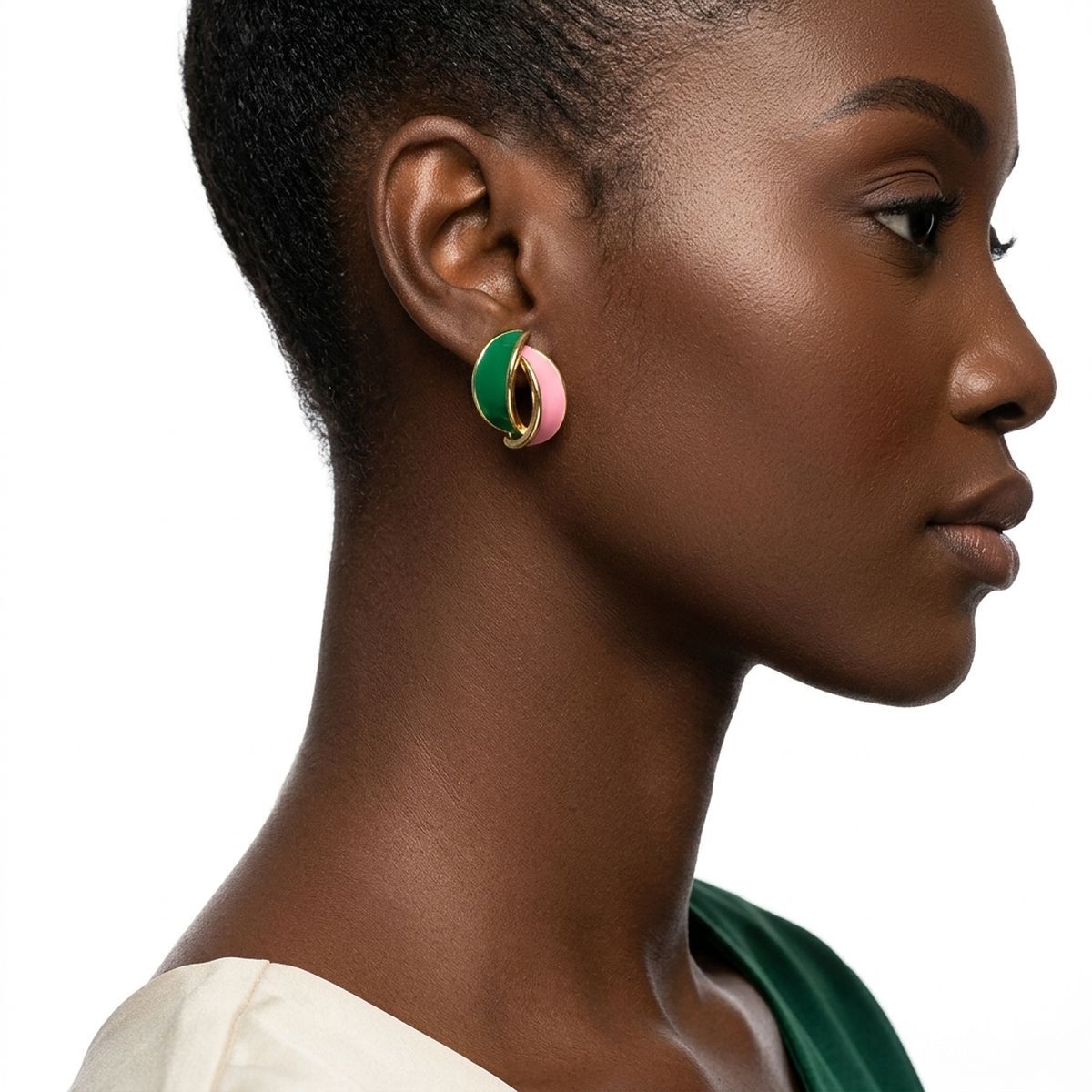 14K Gold Pink Green AKA Curved Stud Earrings