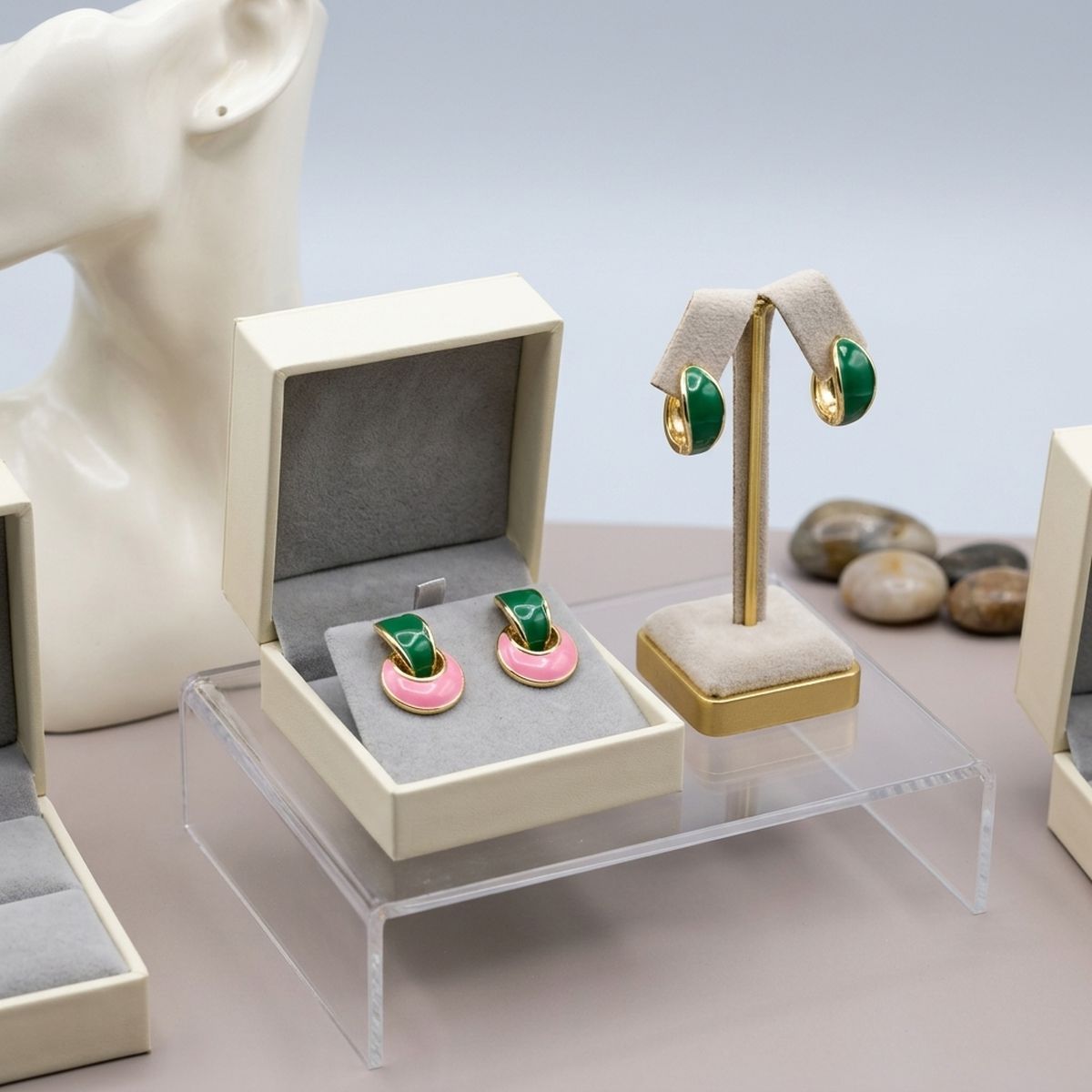 14K Gold Pink Green AKA Curved Stud Earrings