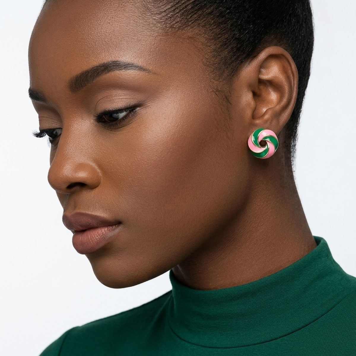 14K Gold Pink Green AKA Swirl Square Stud Earrings