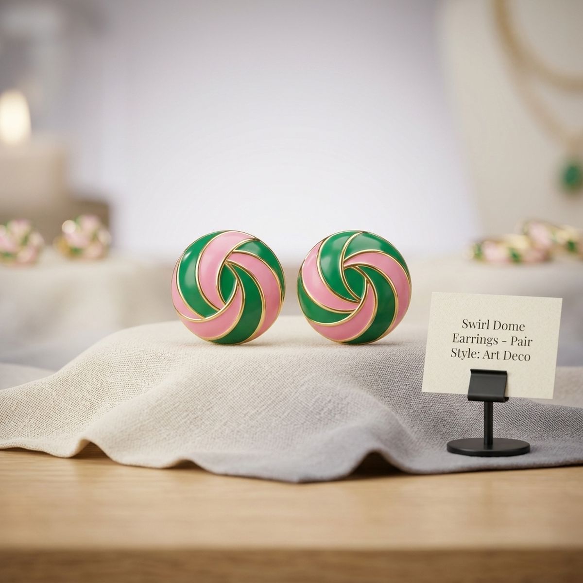 14K Gold Pink Green AKA Swirl Square Stud Earrings