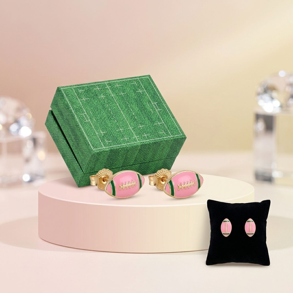14K Gold Pink Green AKA Football Stud Earrings