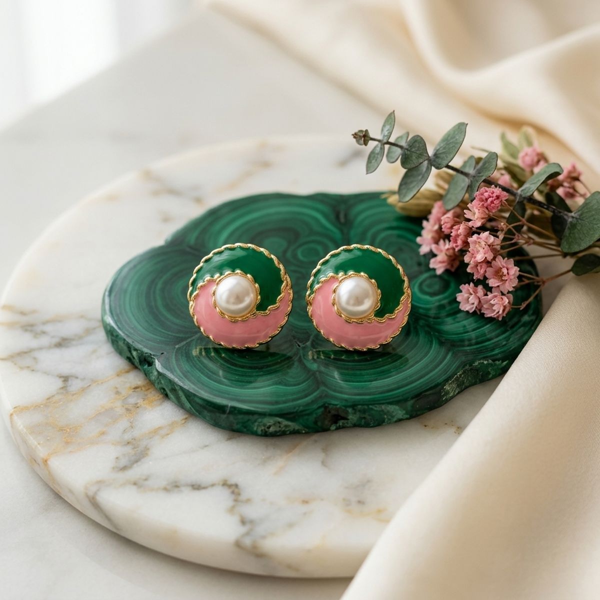 14K Gold Pink Green AKA Yin and Yang Stud Earrings