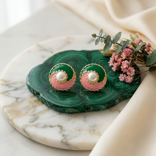14K Gold Pink Green AKA Yin and Yang Stud Earrings