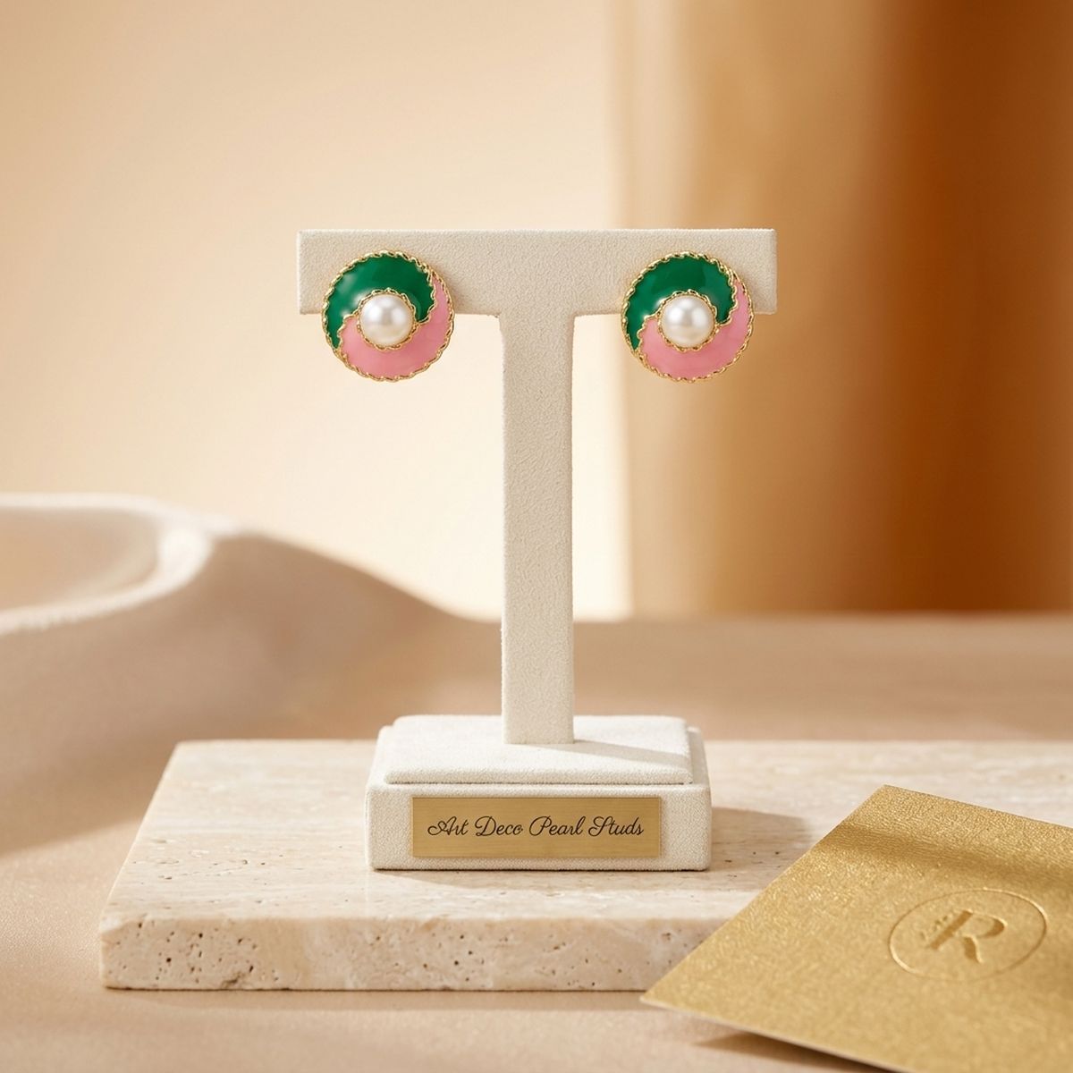 14K Gold Pink Green AKA Yin and Yang Stud Earrings