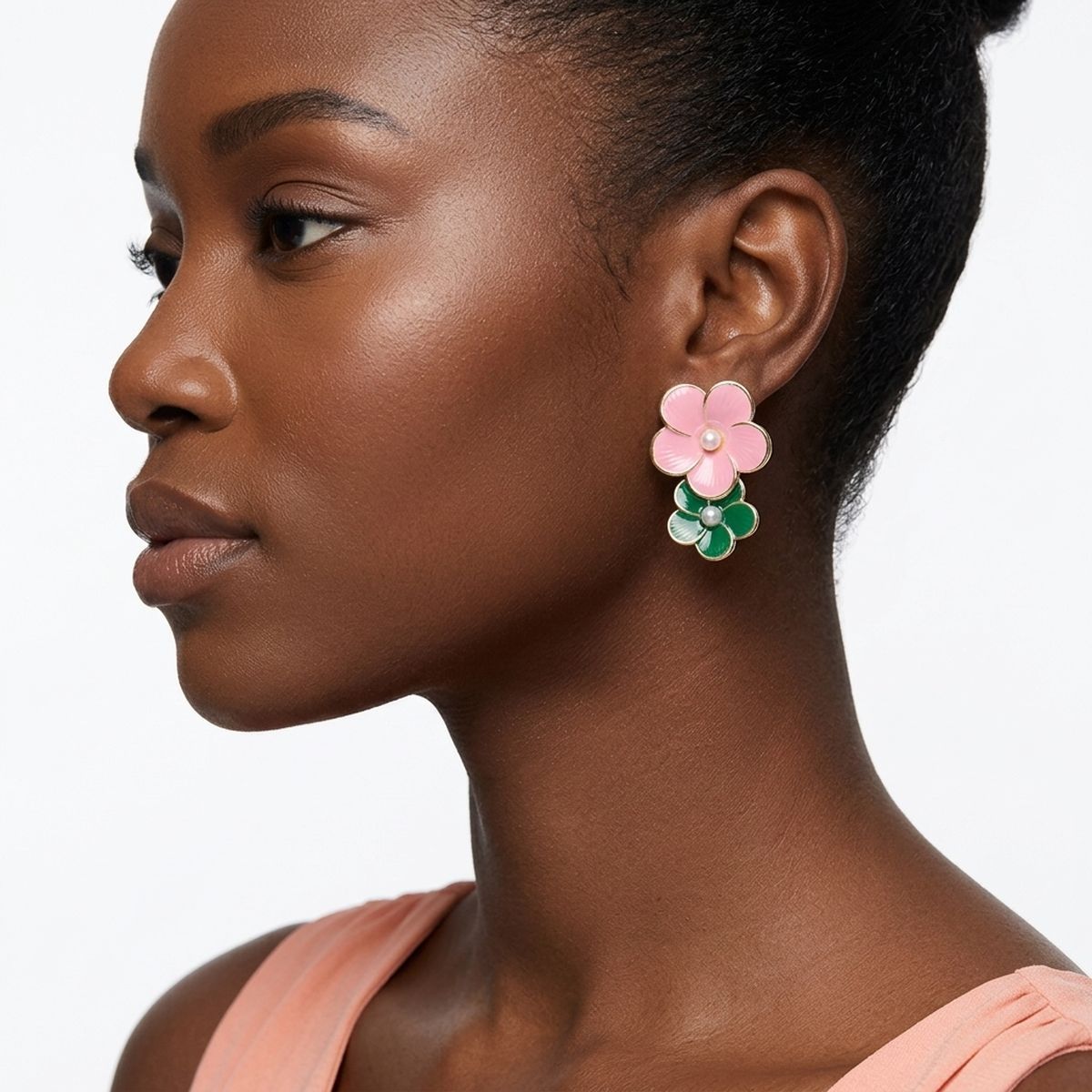 14K Gold Pink Green AKA Double Flower Earrings