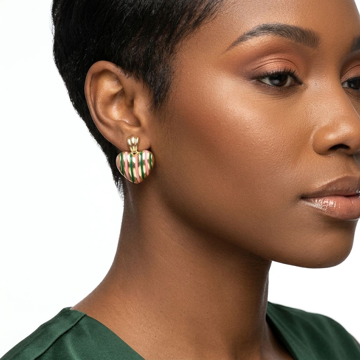 14K Gold Pink Green AKA Striped Heart Earrings
