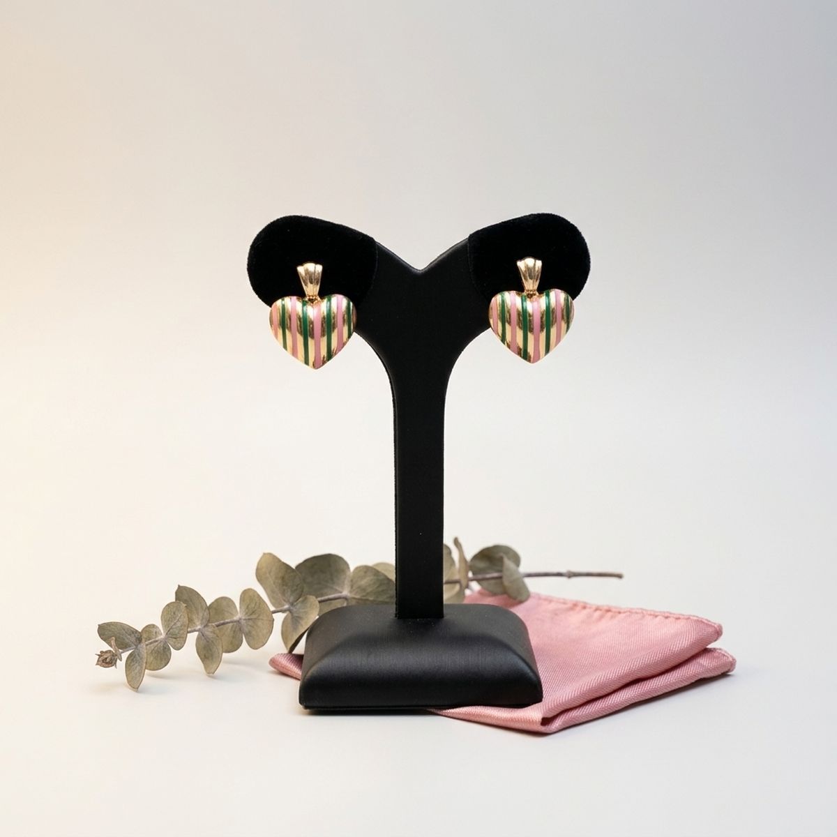 14K Gold Pink Green AKA Striped Heart Earrings
