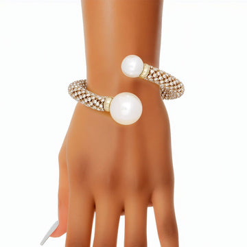 Cuff Gold Twist Rhinestone Pearl Capped Bracelet