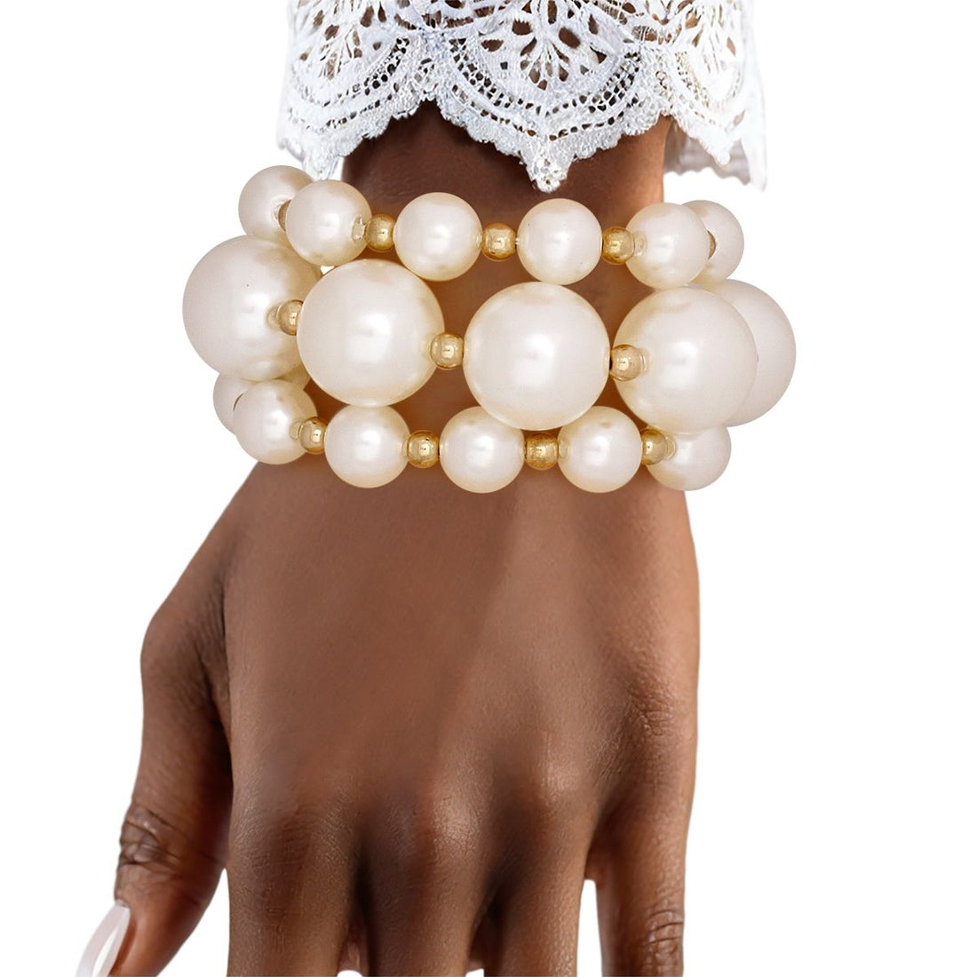 Pearl Cream Gold Contrast Stretch Bracelet Set