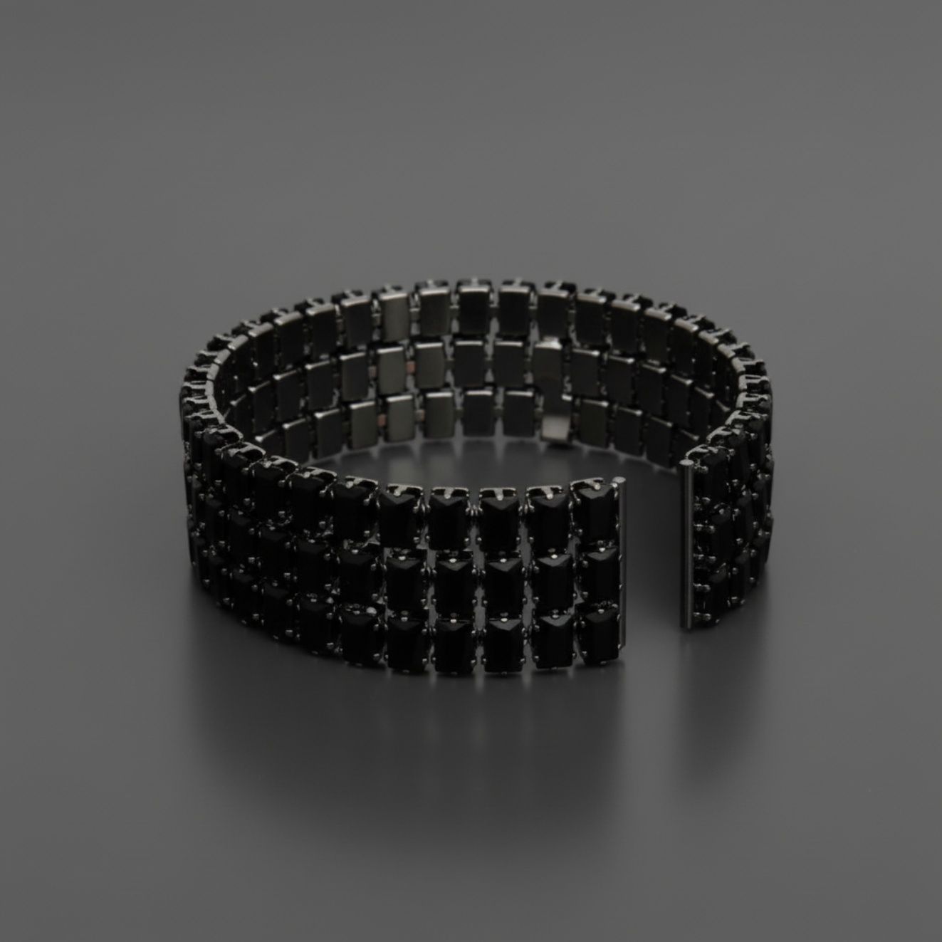 Cuff Baguette CZ 3 Row Black Memory Wire Bracelet