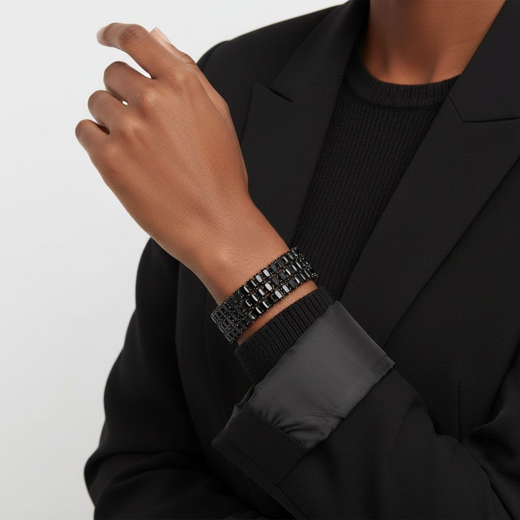 Cuff Baguette CZ 3 Row Black Memory Wire Bracelet