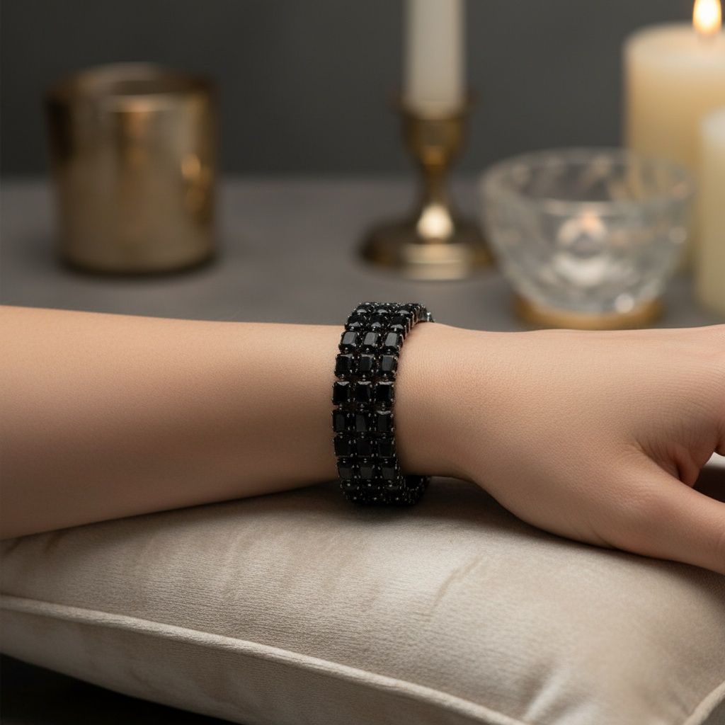 Cuff Baguette CZ 3 Row Black Memory Wire Bracelet
