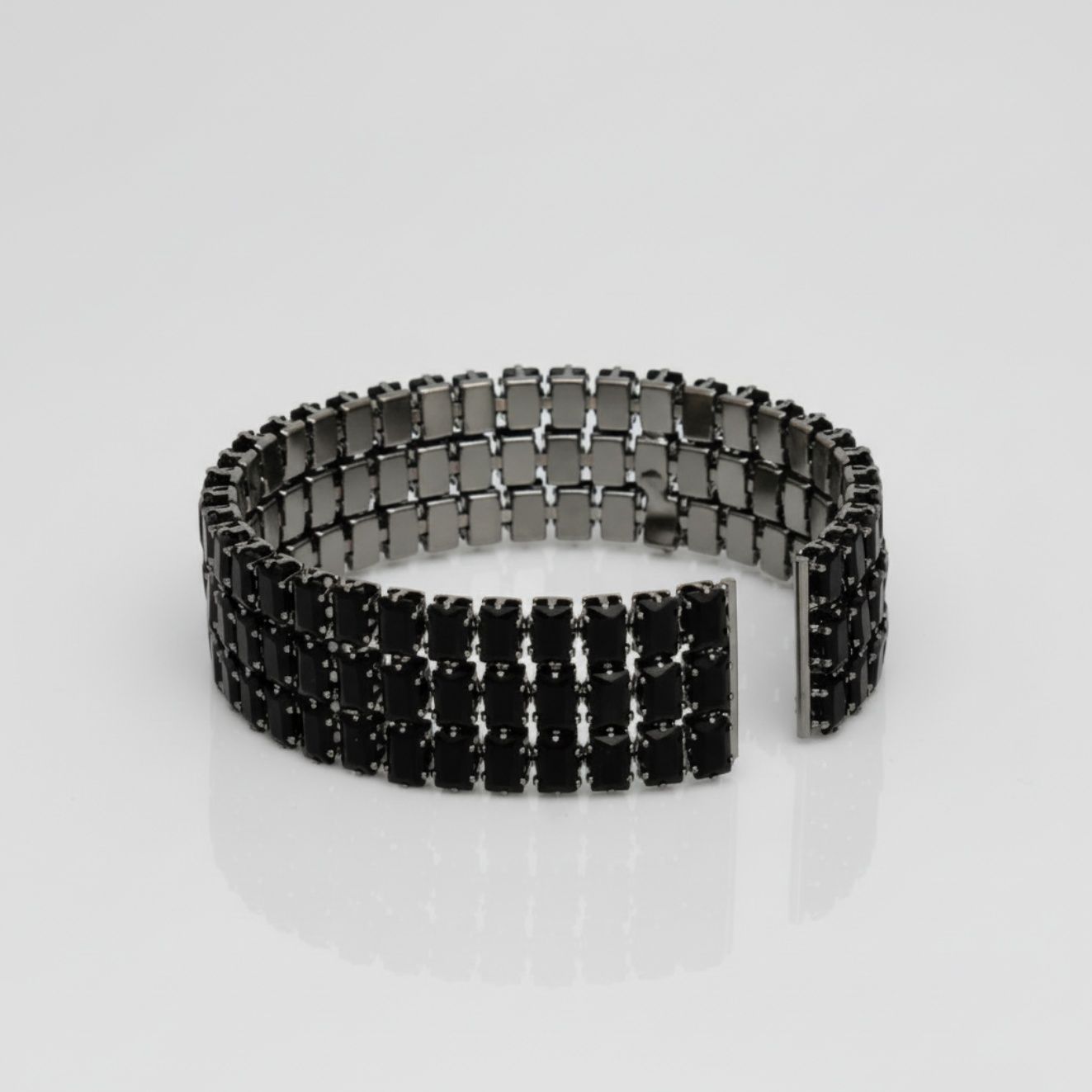 Cuff Baguette CZ 3 Row Black Memory Wire Bracelet