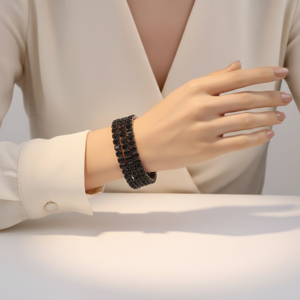 Cuff Baguette CZ 3 Row Black Memory Wire Bracelet