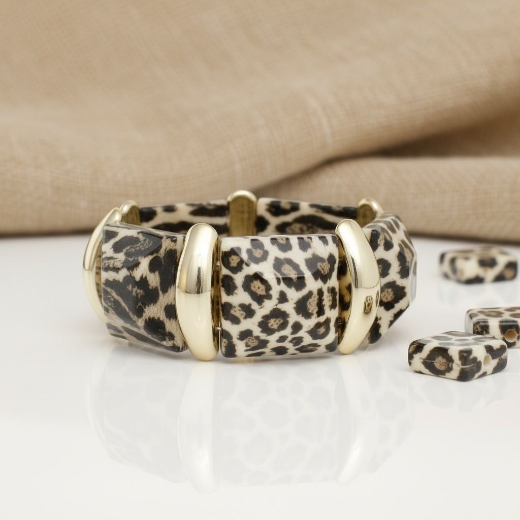 Square Leopard Print Chunky Bead Stretch Bracelet