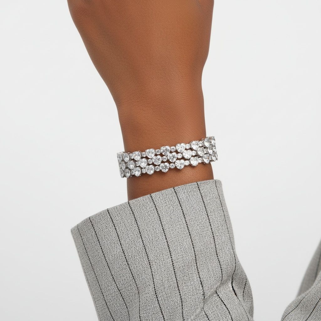 Tennis Heart Crystal CZ Silver Memory Wire Bracelet