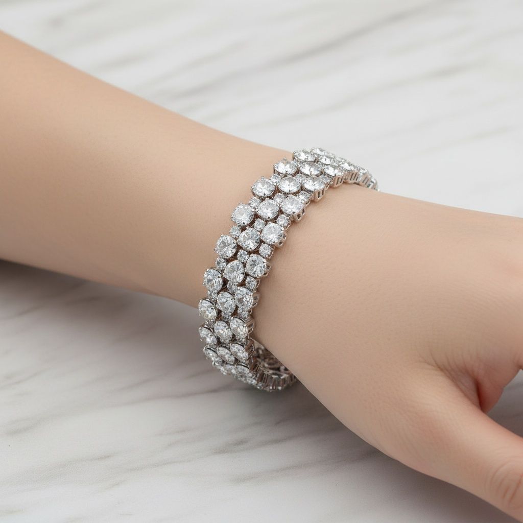 Tennis Heart Crystal CZ Silver Memory Wire Bracelet