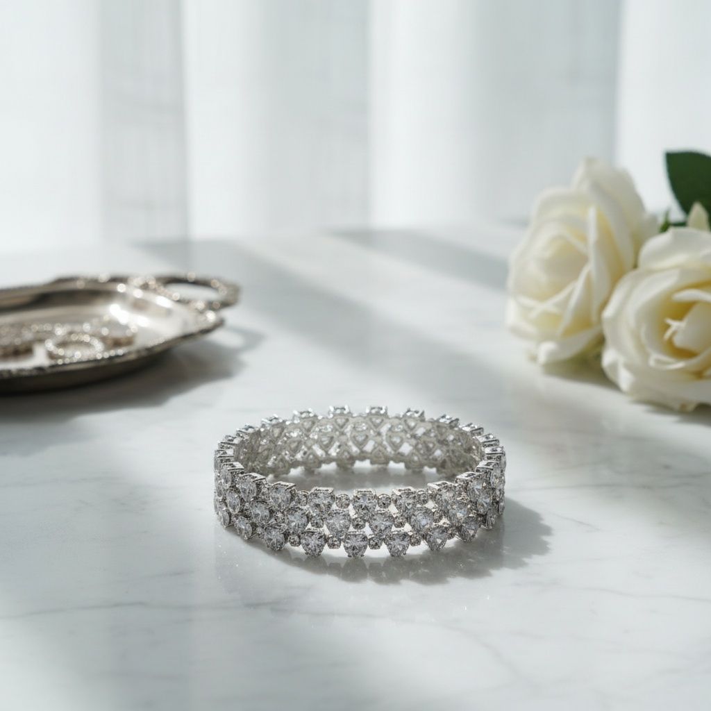Tennis Heart Crystal CZ Silver Memory Wire Bracelet