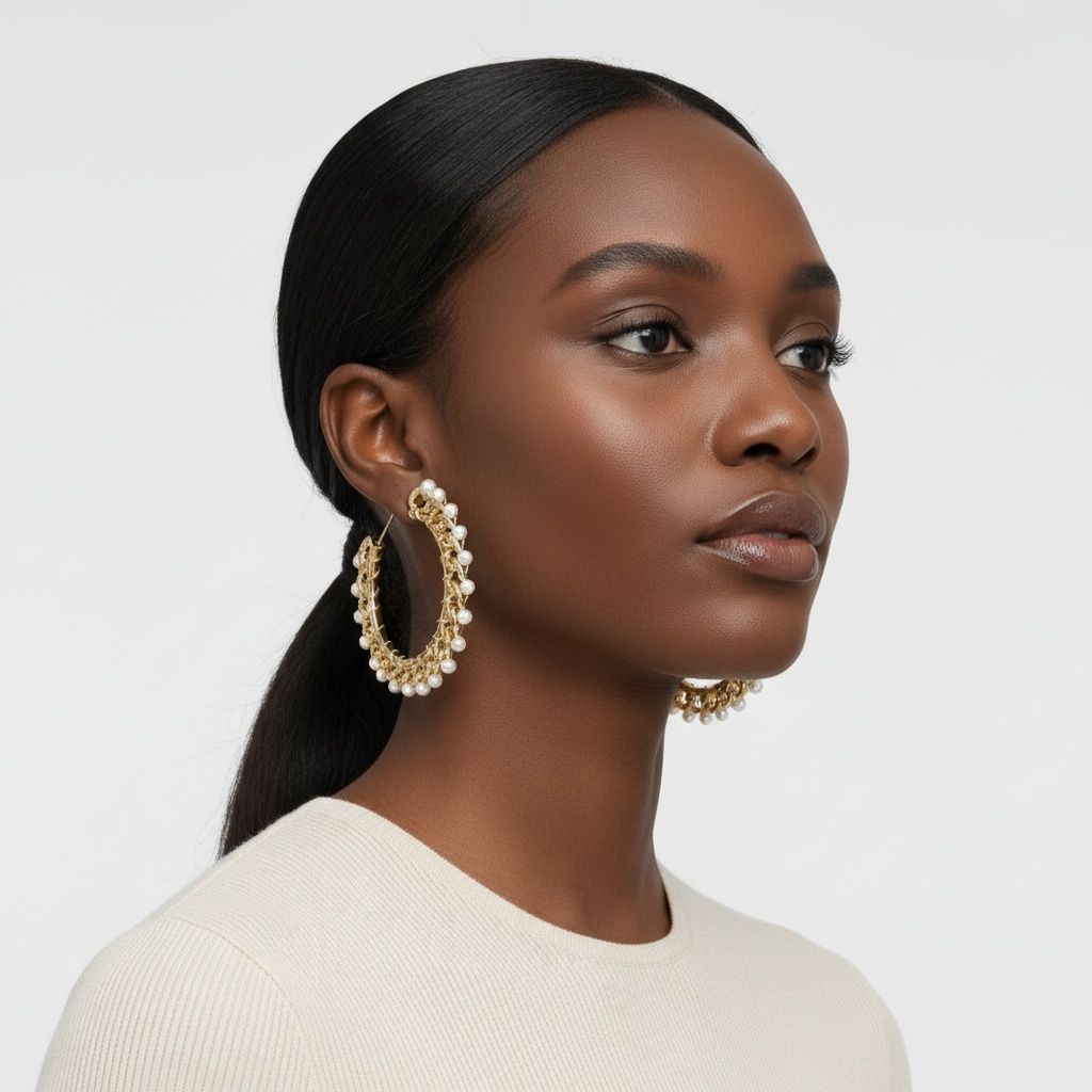 Gold Chain Open Hoops with Cream Pearl Earrings