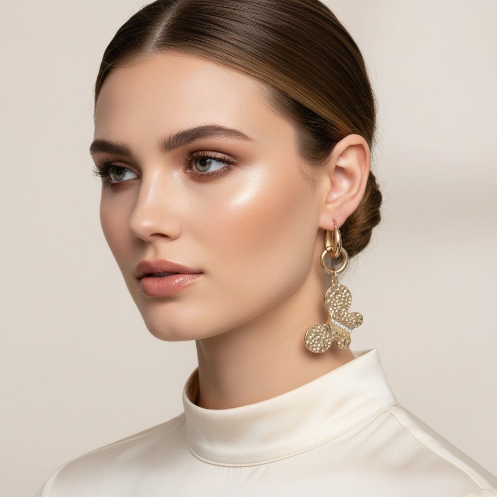 Hoop Hammered Gold Butterfly Long Drop Earrings