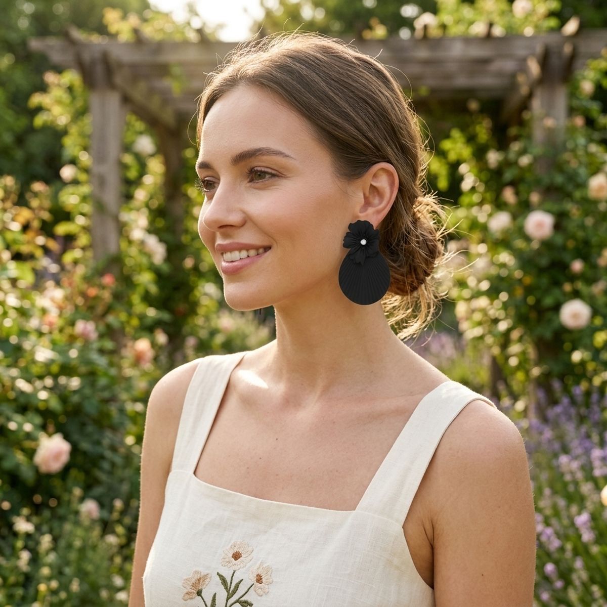 Large Stud Black Flower Fanned Teardrop Earrings