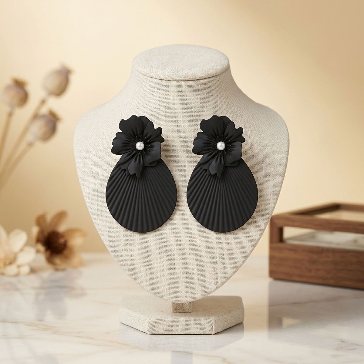 Large Stud Black Flower Fanned Teardrop Earrings